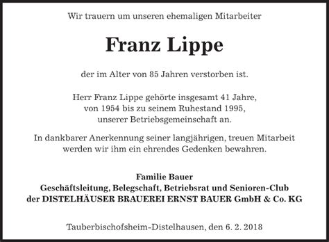 Traueranzeigen Von Franz Lippe Trauerportal Ihrer Tageszeitung