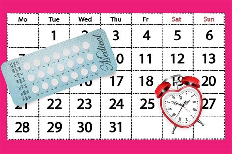 píldoras anticonceptivas sobre un fondo de calendario con un reloj de