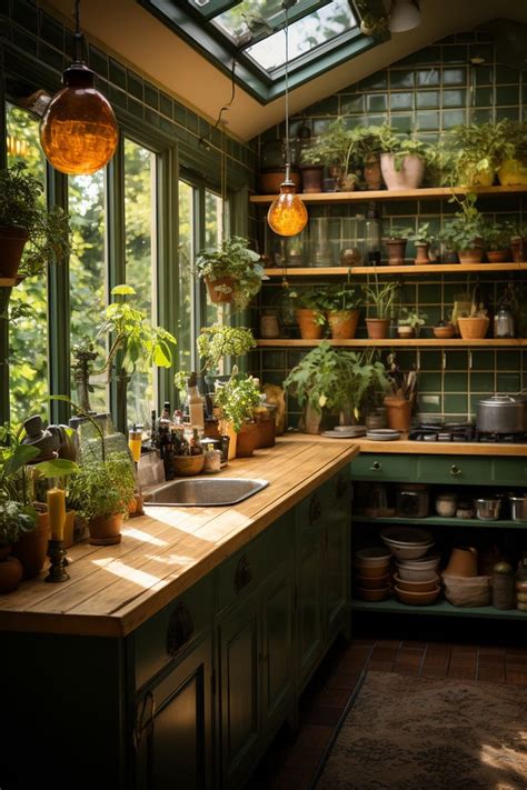 A Kitchen Filled With Lots Of Potted Plants On Top Of A Wooden Counter