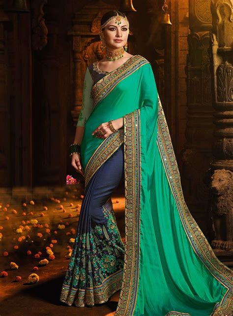 Buy Turquoise And Blue Barfi Silk Designer Party Wear Saree In Uk Usa