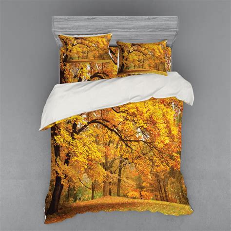 Forest Duvet Cover Set, Warm Fall Scenery Pale Maple Leaves in the ...