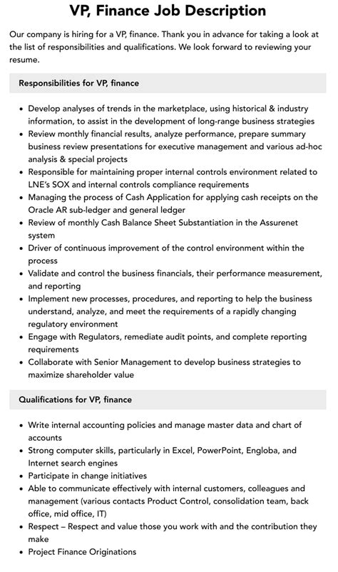 Vp Finance Job Description Velvet Jobs