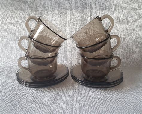 Arcoroc France Vintage Set Of 2 Gray Brown Smoked Glass Coffee Or Tea