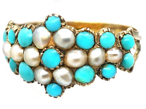 Early 19th Century 15ct Gold Turquoise Natural Split Pearl Cluster