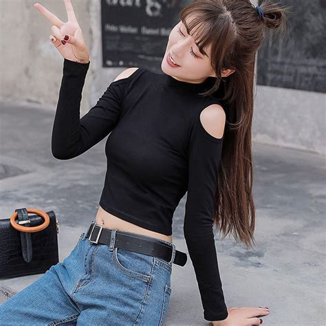 Cheap Slim Solid Color Women Crop Tops Turtleneck Long Sleeve Off The