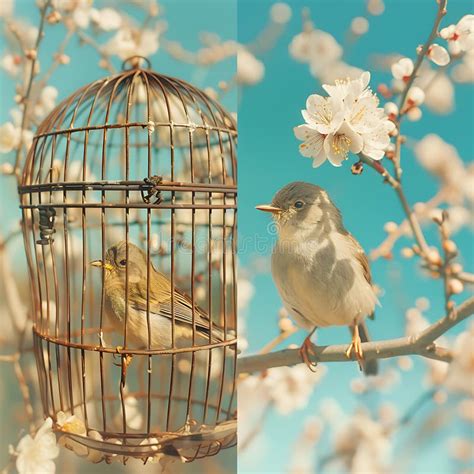 Bird In A Golden Cage And A Bird In The Wild On A Branch Collage