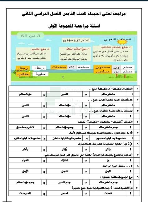 ملخص ومراجعة شاملة لدروس لغتي الجميلة الصف الخامس لغة عربية الفصل الثاني 14451446 المناهج