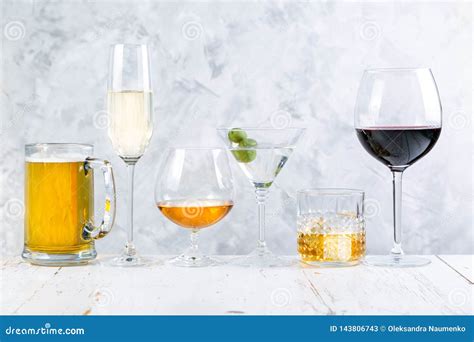 Selection Of Alcoholic Drinks Beer Wine Martini Champagne Cogniac