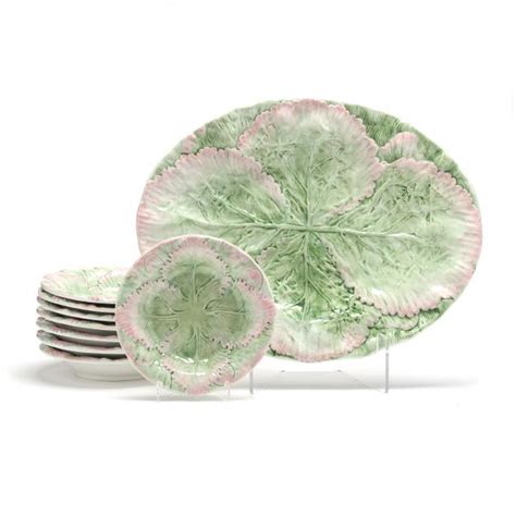 Majolica Cabbage Leaf Platter And Eight Plates Lot Thanksgiving