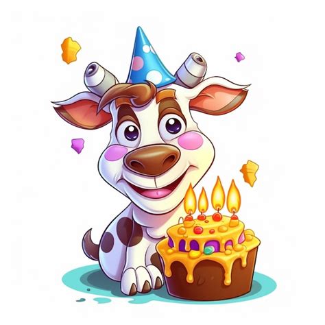 Premium Ai Image Cartoon Cow With Birthday Cake And Party Hat