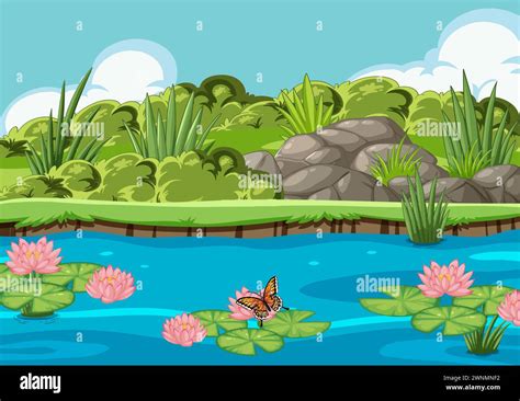 Vector Illustration Of A Peaceful Pond Scene With Flora And Fauna Stock