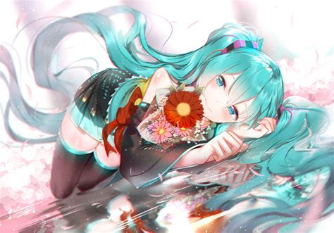 Aqua Eyes Blush Flowers Hatsune Miku Long Hair Petals Phino Jinko