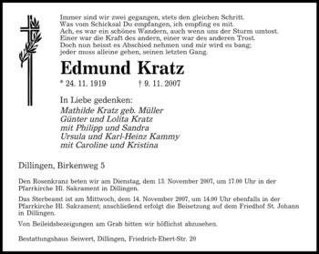 Traueranzeigen Von Edmund Kratz Saarbruecker Zeitung Trauer De