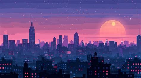 Pixel Art Cityscape At Sunset With A Giant Glowing Sun Premium Ai Generated Image