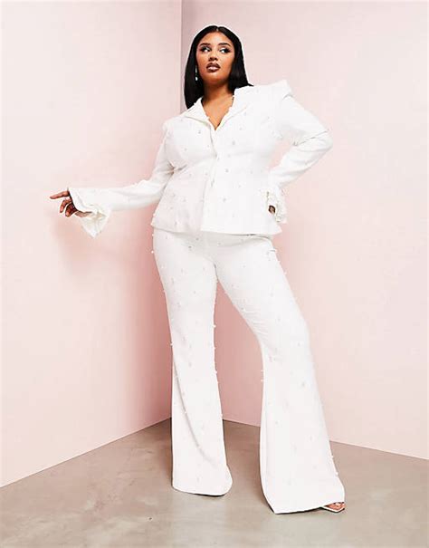 Asos Luxe Curve Wedding Suit Pearl Blazer And Flare Trouser In White Asos