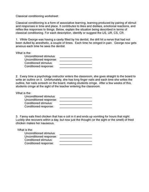 Classical Conditioning Worksheet Classical Conditioning Worksheets Library