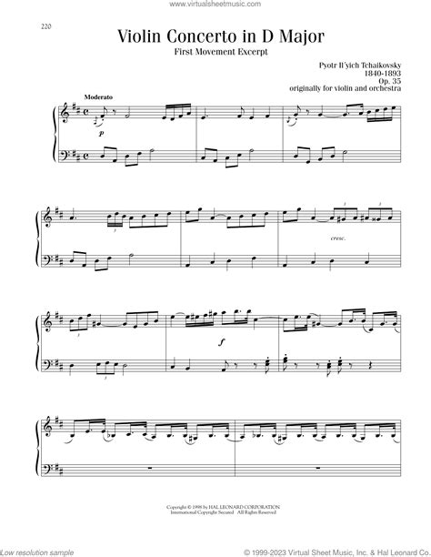 Tchaikovsky Violin Concerto In D Major Op 35 First Movement Excerpt Sheet Music For Piano Solo