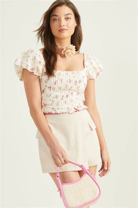 Lyn Puff Sleeve Floral Corset Top In Ivory And Pink Altard State