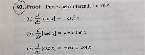 Get Answer Prove Each Differentiation Rule D Dx Cot X Csc 2 X