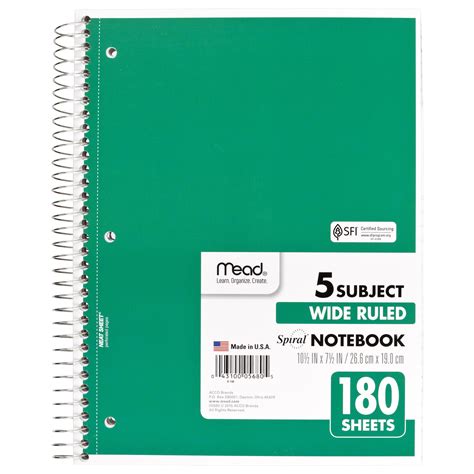 Mead Spiral Notebook 5 Subject Wide, Green - Walmart.com - Walmart.com