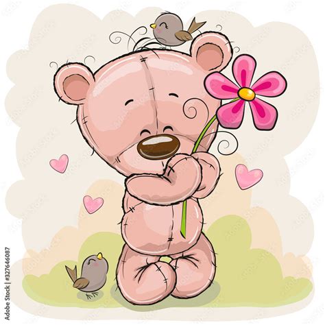 Teddy Bear Holding Flowers Drawing