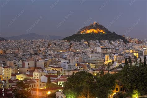 Night View From Areopagus Hill Mars Hill To Athens Greece Stock