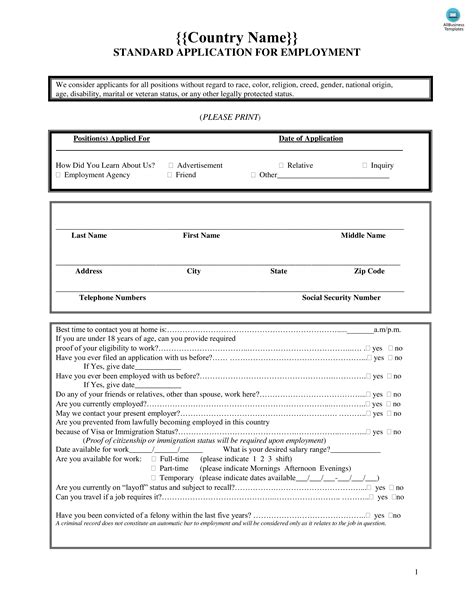 Printable Standard Job Application Templates At