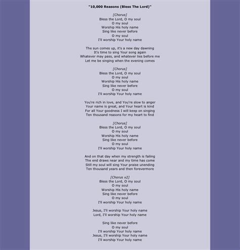 10 000 Reasons Lyrics Matt Redmond Christian Lyrics Bless The Lord