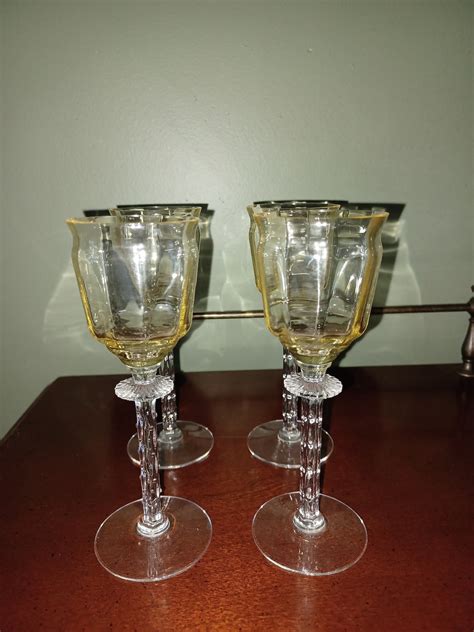 Vintage Crystal Cordial Glasses Rare Unusual Amber Yellow Stem Delicate Collectible Replacements