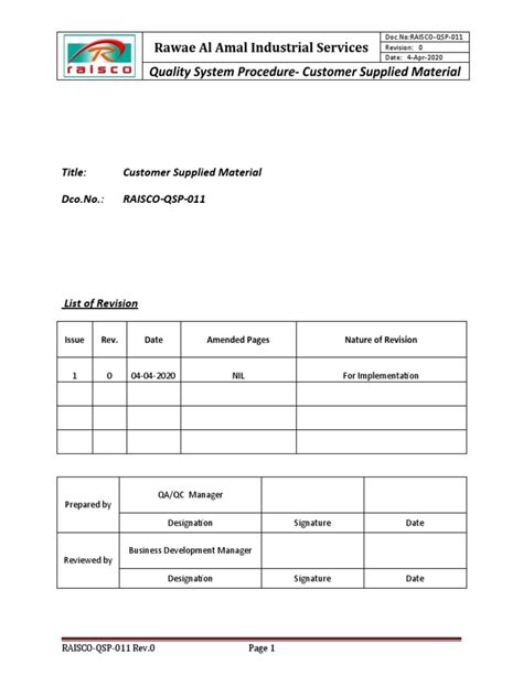 customer supplied material procedure