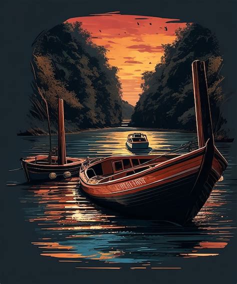 Desenho De Arte Vetorial De Um Barco Em Uma Paisagem Fluvial No Fundo