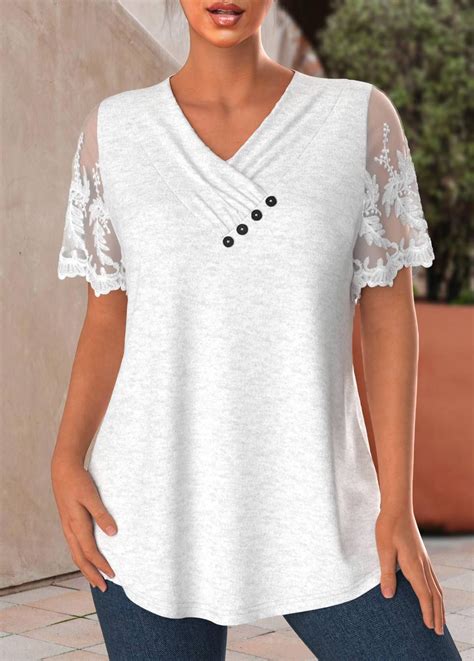 Rotita Lace White V Neck Short Sleeve T Shirt Stylish Tops For Women