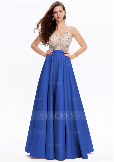 A Line V Neck Satin Longfloor Length Prom Dress With Beading Sequins