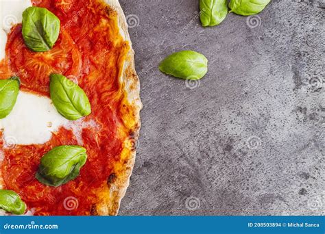 Pizza Margherita With Basil On Dark Background Traditional Italian