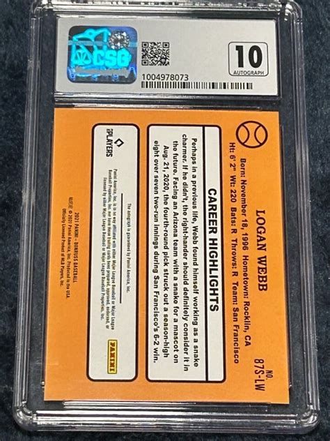 LOGAN WEBB CSG 9 MINT AUTO 10 RETRO 87 2021 DONRUSS SIGNATURES SF