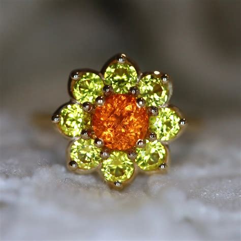 Neon Orange Fanta Garnet Yellow Sapphire Daisy Ring Orange Spessartite