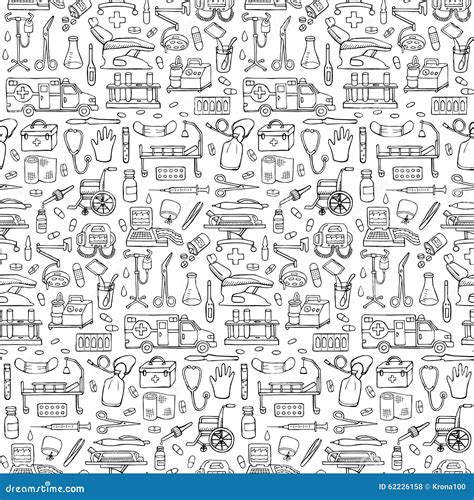 Hand Drawn Medical Seamless Pattern Pharmacy Vector Background Doodle