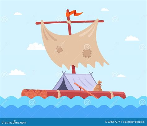 Homemade Wooden Raft Shipwreck Survivor Stock Vector Illustration Of