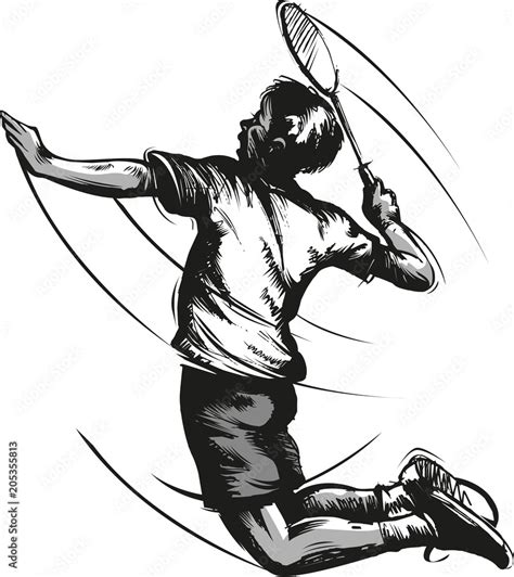 Vector Illustration Sketch Or Drawing Badminton Player In Action