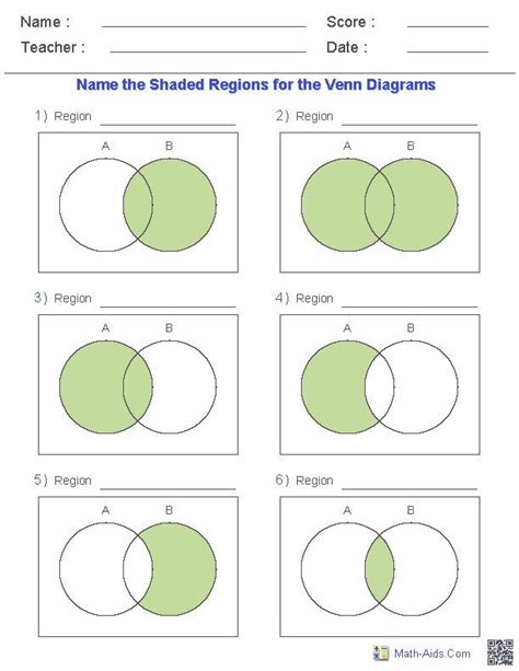 Venn Diagram Worksheets Name The Shaded Regions Using Two Sets