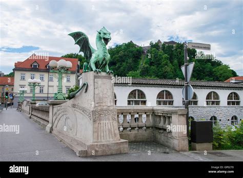 Dragon Bridge And Castle In Ljubljana Capital Of Slovenia Stock Photo