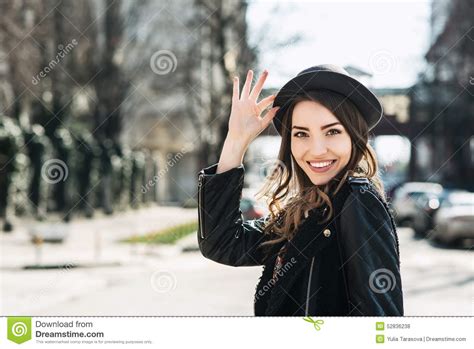 Beautiful Brunette Girl In Casual Clothes Walking Around The Cit Stock