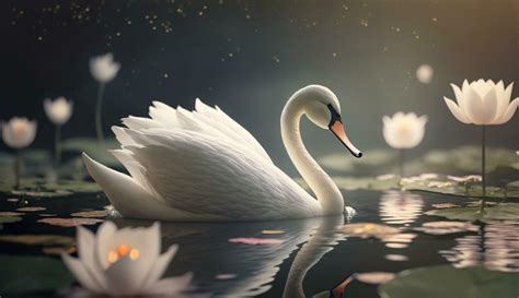 Graceful Swan In A Pond Of Blooming Lotus Flowers Stock Photo