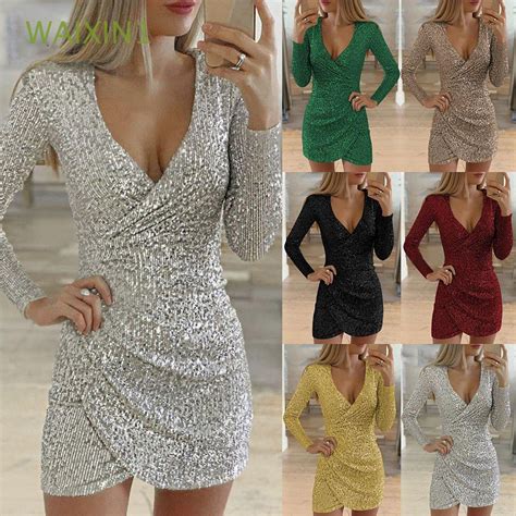 Mini Vestido Bodycon Moda Plus Tamanho Gola V E Lantejoulas Manga