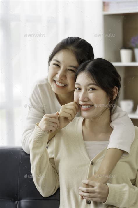 Asian Lesbian Couple Lgbtq Happy Two Young Asia Women Showing Love