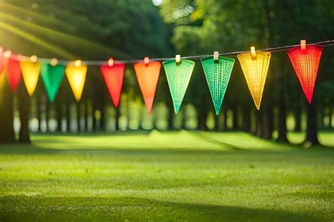 Premium Photo A String Of Colorful Flags Hangs On A Rope In A Park