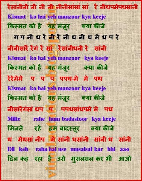 Notations of songs Gane ki Lyrics v Sargam ya Swarlipi ya Notes गीतों ...