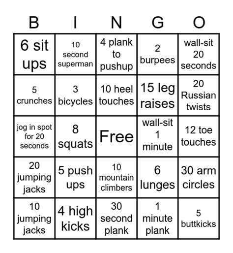 Fitness Bingo Card