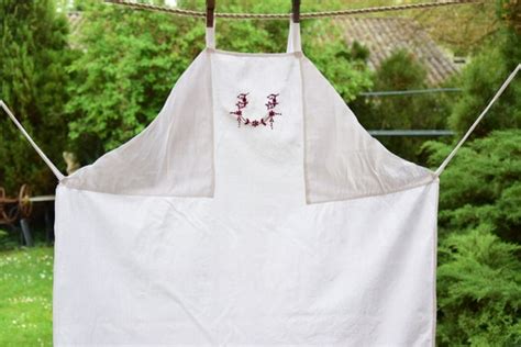 Antique French Linen Apron Handmade Embroidered Burgu Gem