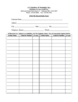 Fillable Online 45 RPM Record Order Form Fax Email Print PdfFiller